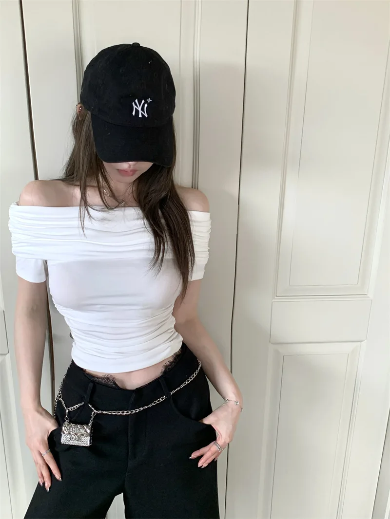 Фото Женские футболки K-pop с открытыми плечами, сексуальные облегающие топы Y2K, винтажные летние футболки Kawaii, корейская модная недорогая одежда, женские футболки №2