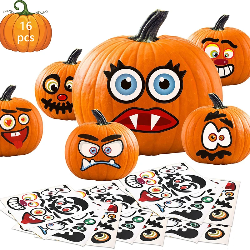

4 sheets Halloween Expression Stickers Pumpkin Decorative Sticker Ghost Face Self-adhesive Sticker Kids Favor Happy Halloween