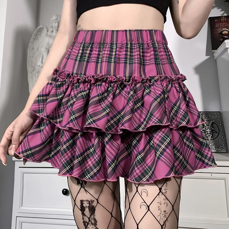 Pink Skirt Japanese College Style Youth Girl Plaid Skirt Female High Waist Slim Lolita Cosplay Y2k Skirt Goth Skirt