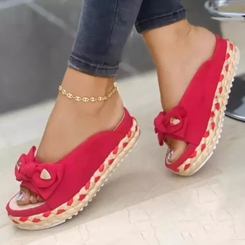 NEW IN New Women Slippers Casual Solid Color Bowknot Platform Flat Shoes Fashion Braided Straps Outdoor Walking Sandals Zapatill 1