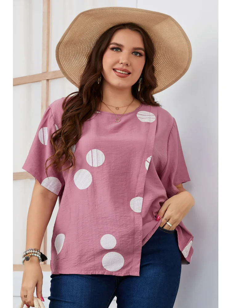 Oversized women's round neck loose polka dot short sleeved T-shirt plus size women clothing  plus size feminino