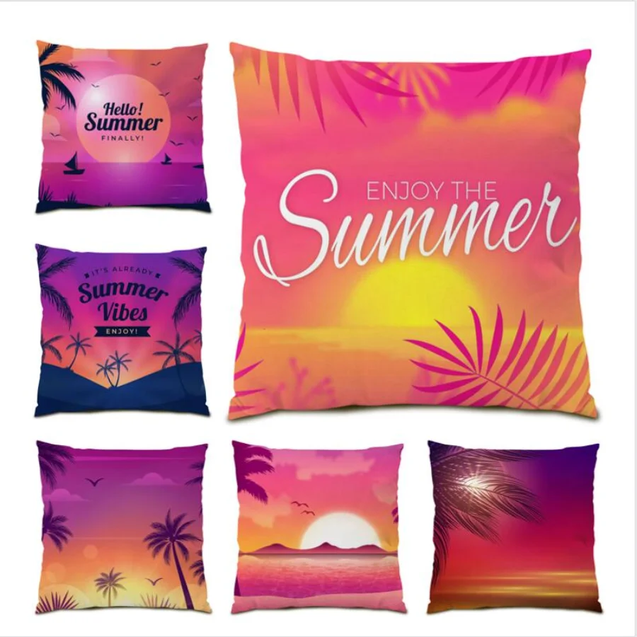 

Cushion Cover 45x45 Summer Square Living Room Decoration Polyester Linen Throw Pillow Covers Sunset Landscape Home Decor E0737