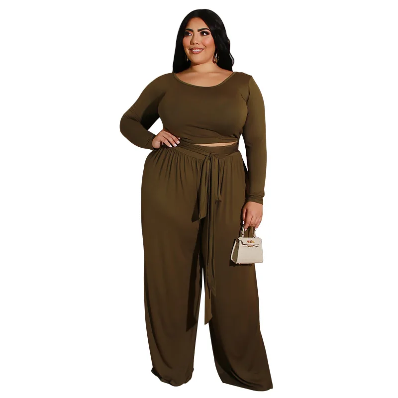 Plus Size Sets Solid Long Sleeve Plus Size Women Clothing Two Piece Set for Women Plus Size Matching Sets O-Neck Elastic Waist