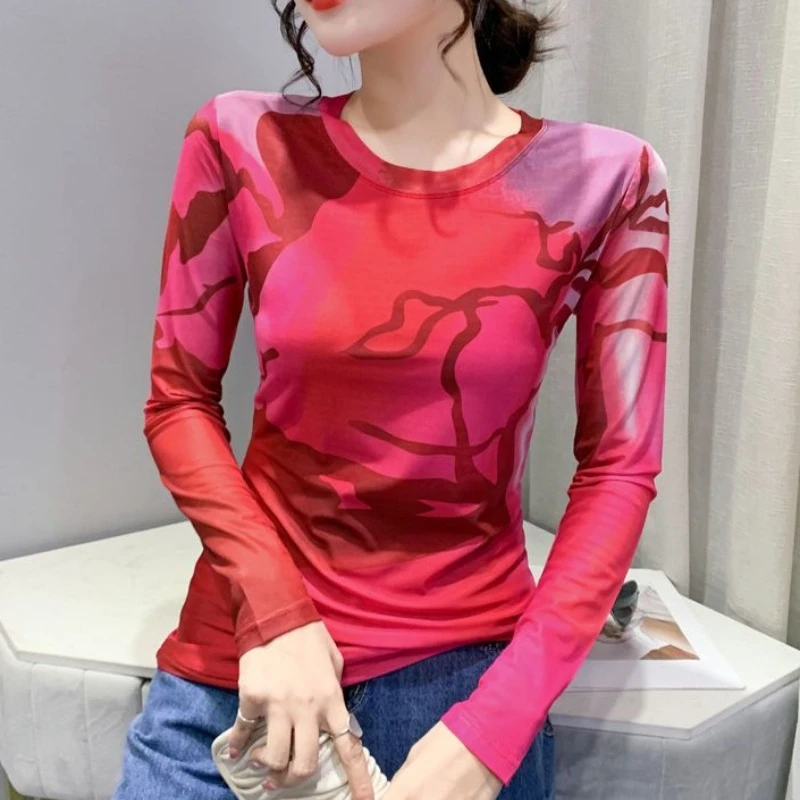 Женская футболка 2024 сетчатая облегающая Топ для женщин одежда с принтом