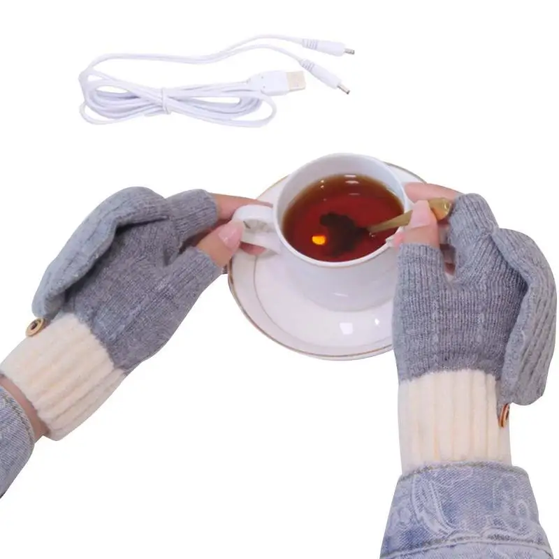 

USB Heated Gloves Electric Rechargeable Gloves For Typing In Cold Office Winter Warm Laptop Gloves Half Hand Fingerless Knitting