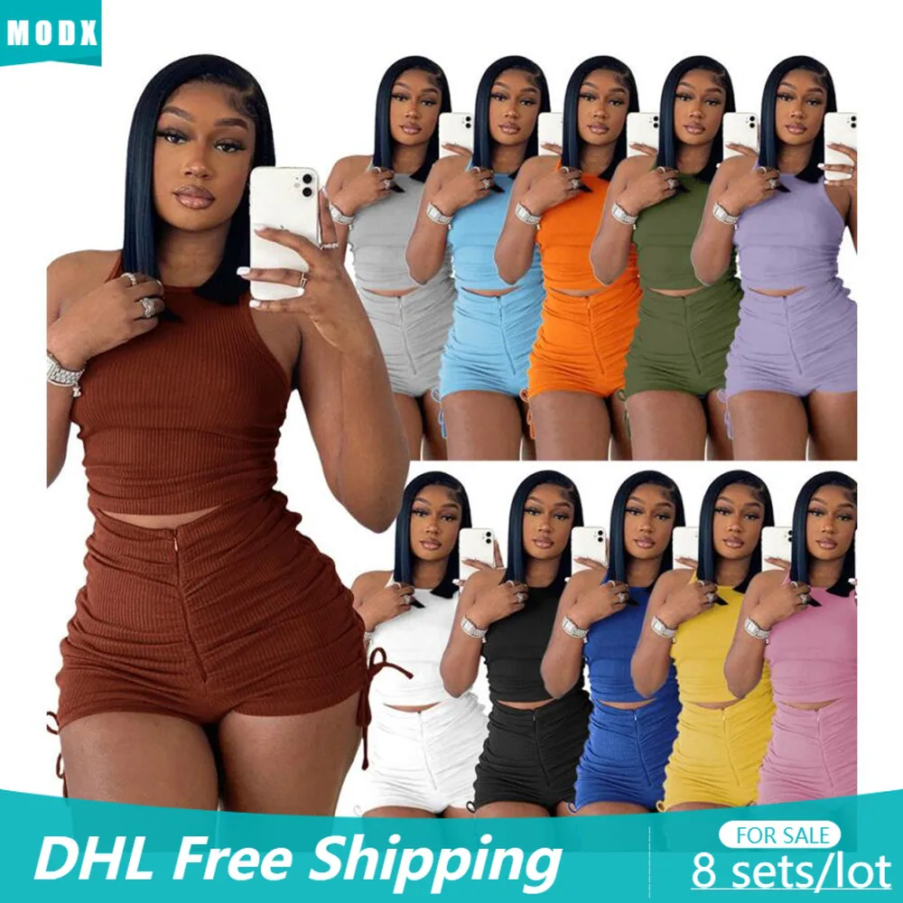 

8SETS Wholesale Two Piece Sets for Women Casual Solid Tank Top and Shorts Pleated Outfits Summer Sport Wear Woman Tracksuit 7723