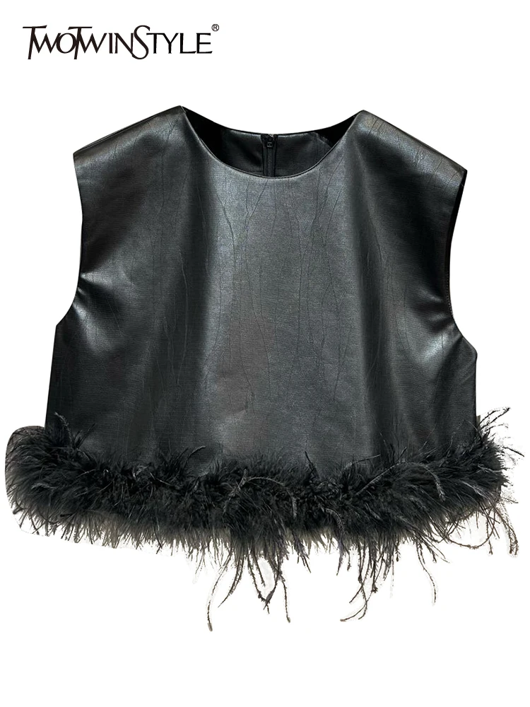 

TWOTWINSTYLE Casual PU Leather Tank Tops For Women Round Neck Sleeveless Patchwork Feathers Vests Female Summer Clothing Fashion