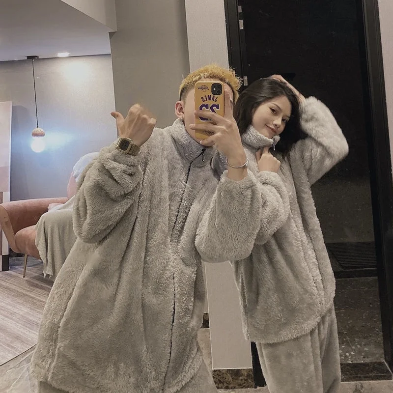 QWEEK Women Winter Pajamas Set Thick Warm Flannel Pijamas Turtleneck Black Gray Solid Color Zipper Pyjamas Couples Homewear Cute