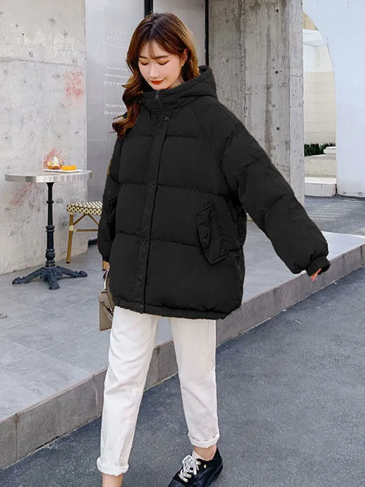 

Women's Winter Coats 2022 Casual Hooded Loose Oversized Parkas Puffer Bubble Black Thick Cotton Padded Autumn Jacket Female