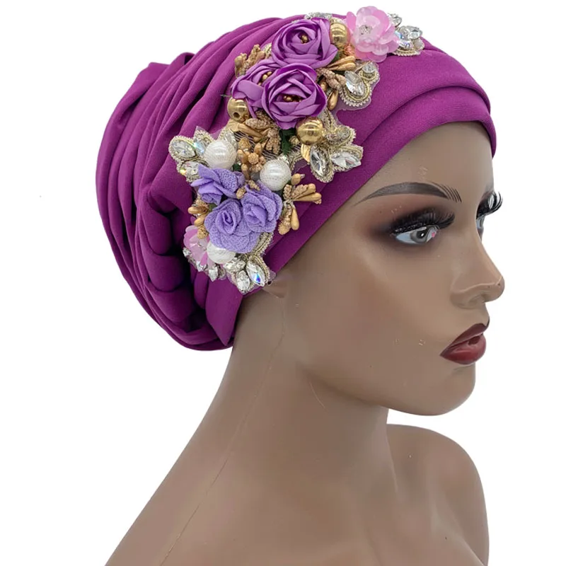 2023 New Full Body Pleated Turban Cap With Rhinestone Bouquet Elegant Women's Head Wrap Bonnet Female Party Headpiece Turbante