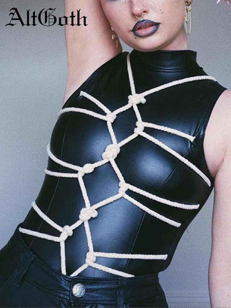 

AltGoth Sexy Mall Goth Pu Bodysuit Women Streetwear Harajuku Slim Bandgae Sleeveless Jumpsuit Vintage Emo Alt Leather Rompers