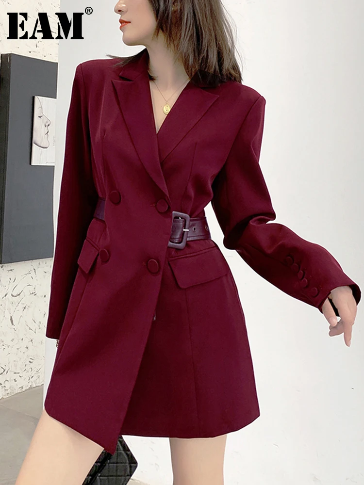 

[EAM] Women Wine Red Belted Long Casual Blazer New Lapel Long Sleeve Loose Fit Jacket Fashion Tide Spring Autumn 2022 1DE3379