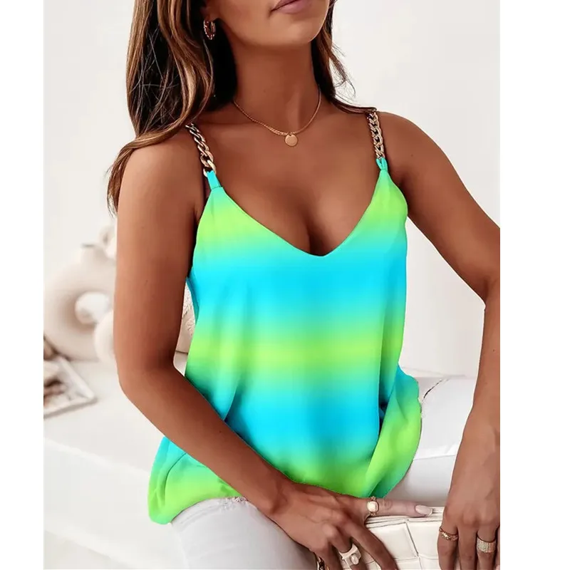 

Майка женская с V-образным вырезом, пикантный Топ без рукавов, на бретельках, с принтом цепей, пуловер с пышной юбкой, модный топ, на лето