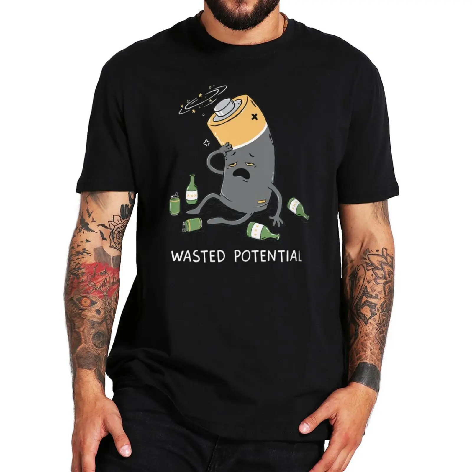 

Wasted Potential Funny Sarcastic T Shirt Inspired Quote Battery Drunk Humor Unisex Tee Shirt 100% Cotton EU Size Summer Tshirt