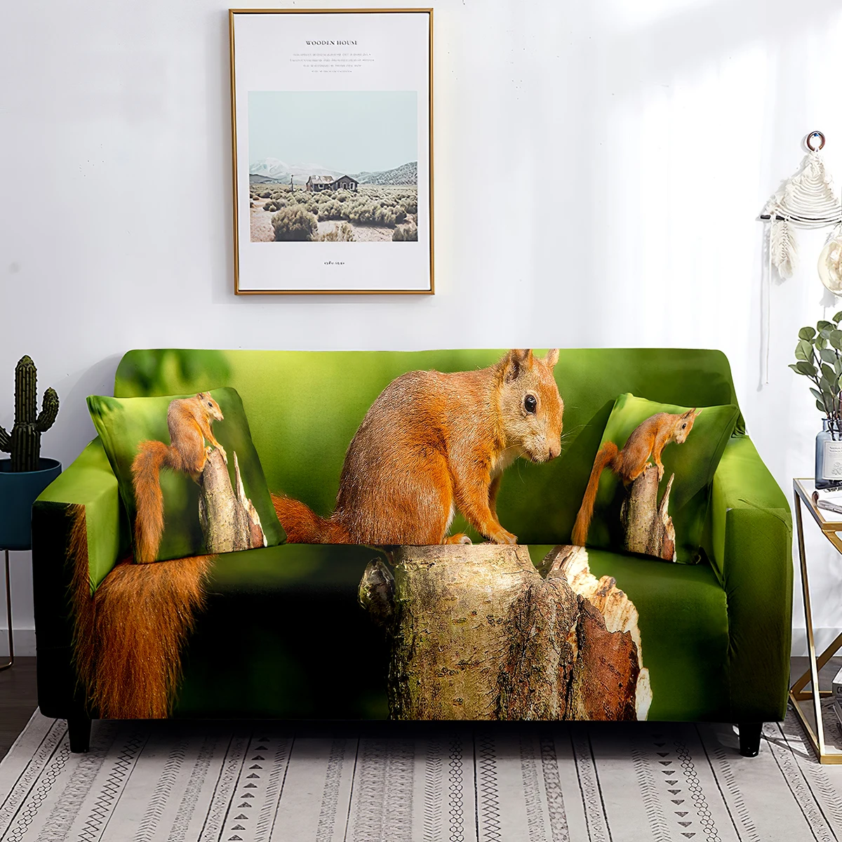 Squirrel Sofa Cover Cute Animal Print Couch Cover Botanical Branches Washable Furniture Protector for Living Room Sofa Slipcover