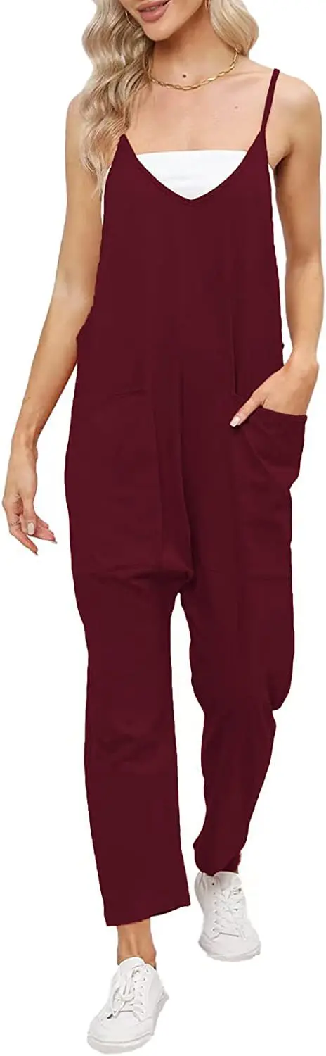 Women's Casual Jumpsuit Summer Solid Loose Wide Leg Pants Overalls Fashion Big Pocket Sleeveless Strap Baggy Streetwear Rompers