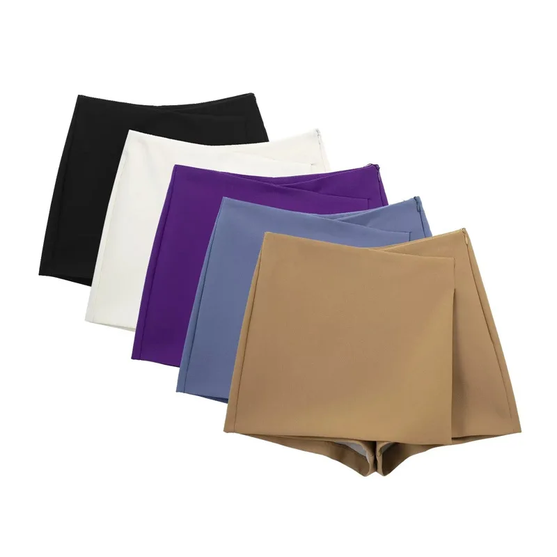 RDMQ Women 2023 Spring Fashion Pareo Style Asymmetric Shorts Skirts Vintage High Waist Side Zipper Female Skort Mujer
