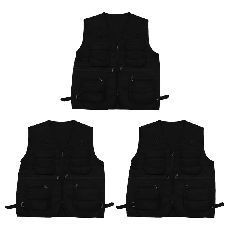 

3X Men's Fishing Vest With Multi-Pocket Zip For Photography / Hunting / Travel Outdoor Sport - Black, XL