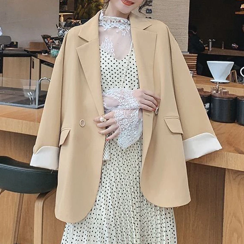 Корейский розовый маленький костюм пальто женский двубортный свободный