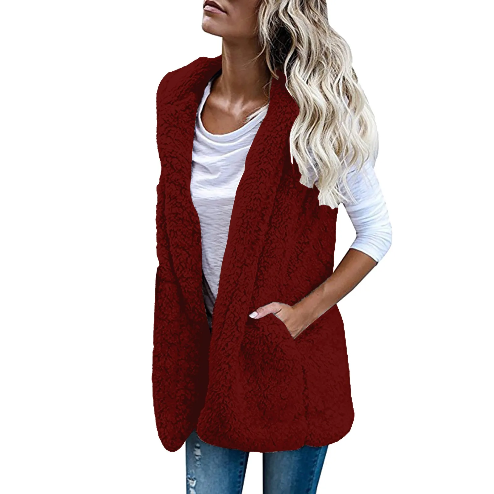 Sleeveless Hooded Pocket Vest Hair Long Sleeve Tops Womens Tops
