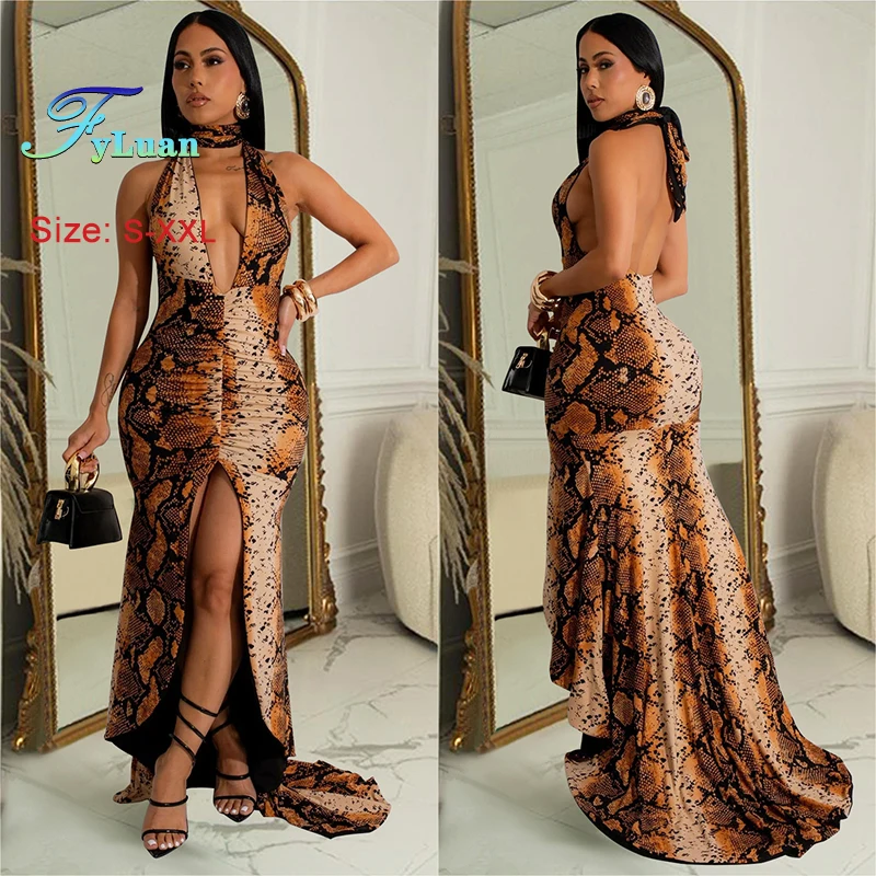 2025 пикантное женское колье с лямкой на шее и змеиным принтом длинное платье макси