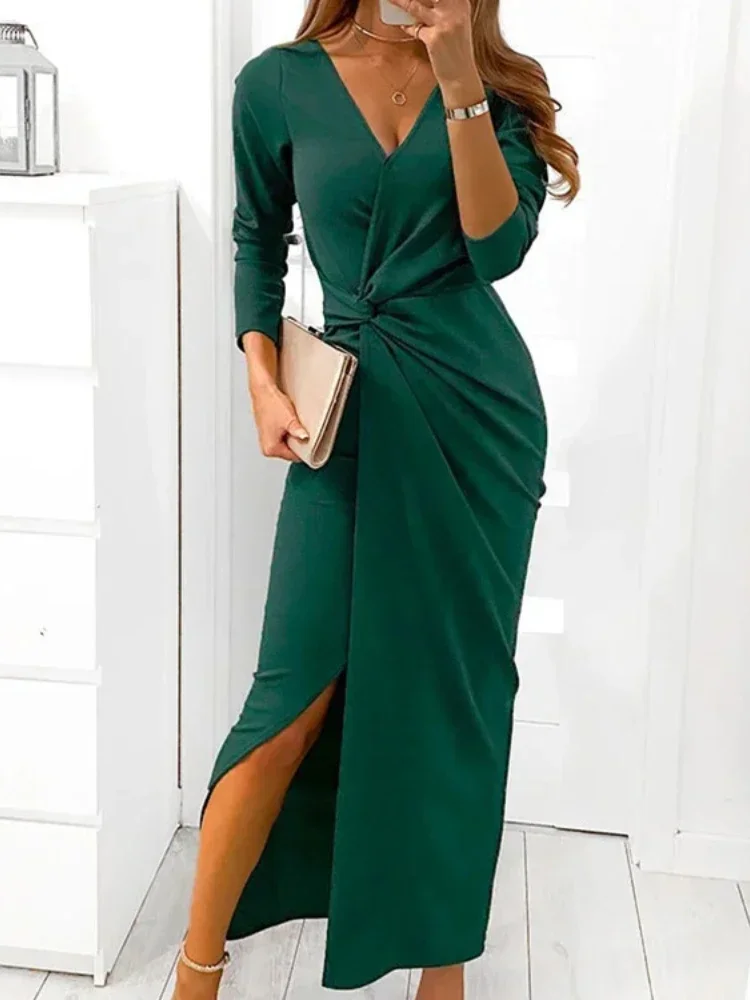 

Women's Dress Autumn Evening Dress Temperament Solid Color Overlapping Pleated V-Neck Long Split Dress Waist Tight Party Dress