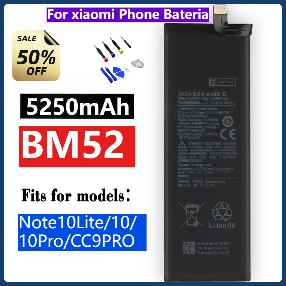 5250 мАч BM52 для Xiaomi Mi Note 10 Lite 10Lite/Mi Pro 10Pro/CC9pro CC9 Phone Bateria + наборы инструментов