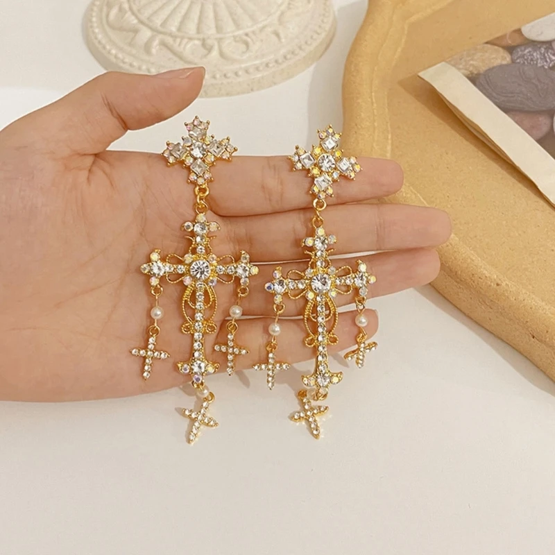 

Pearl Crossed Pendant Earrings Exaggerated Long Tassel Earrings for Ladies Girls