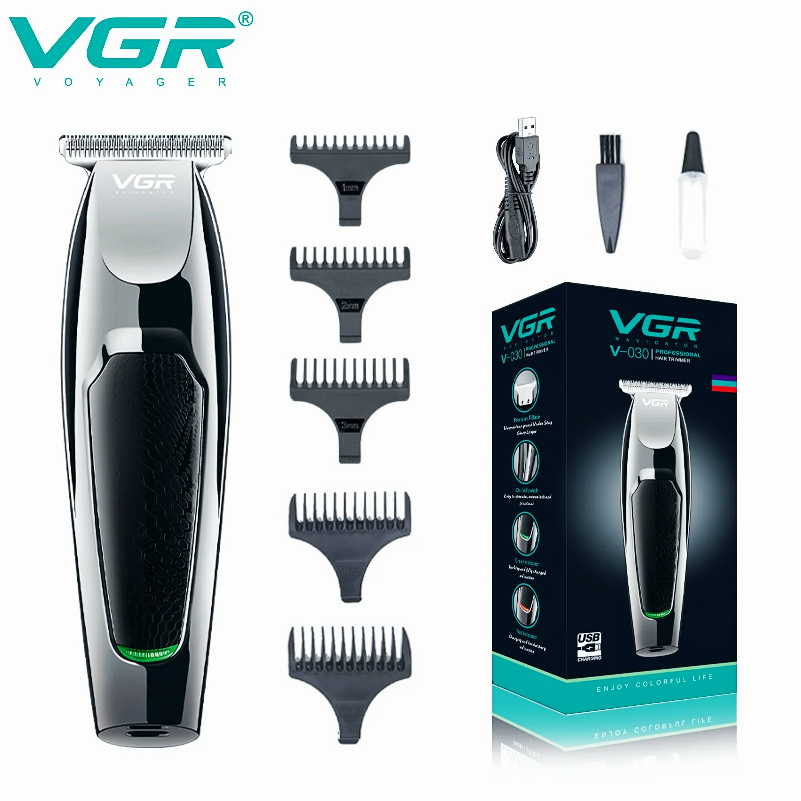 VGR Maquina de cortar pelo Cortadora de cabello eléctrica Máquina de corte de pelo profesional peluquero calvo Carga USB Cortapelos para hombres V-030