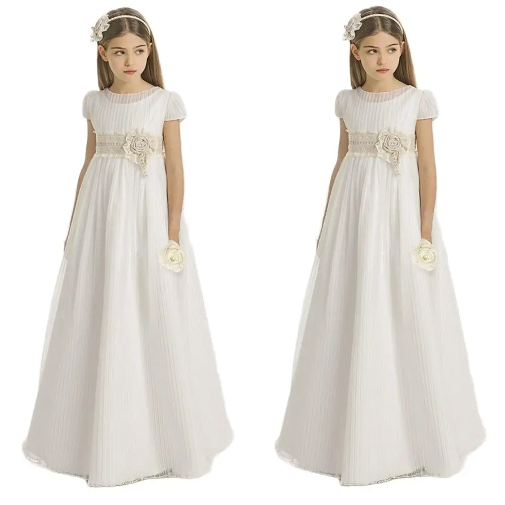 

Vintage Flower Girl Dresses for Wedding Empire Waist Short Sleeve Tulle Crew Champagne Lace Sash Children First Communion Gowns