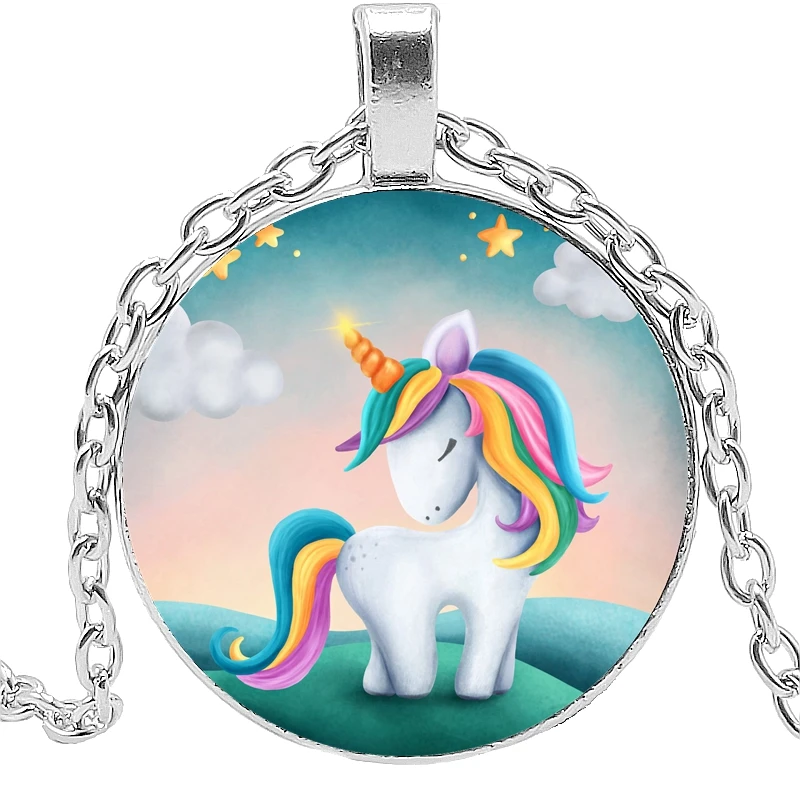 

NEW Cute Unicorn Pendant Necklace for Kids, 25mm Glass Cabochon Fashion Gift Jewelry Necklace 2022
