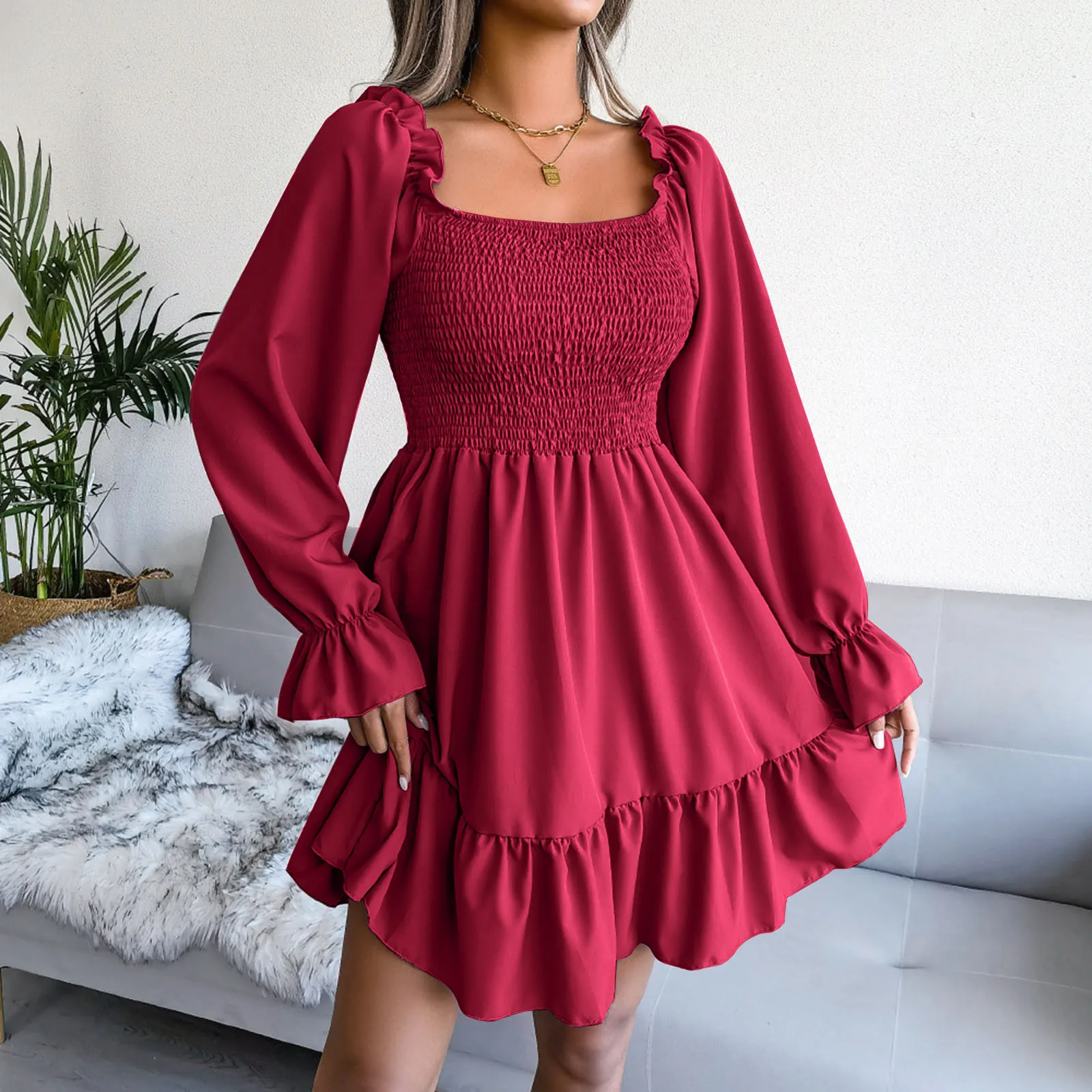 

Cotton Dress Women Ladies Casual Dress Flared Long Sleeve Pleated Dress Square Neck Ruffle Swing Casual Fall Dresses for Women