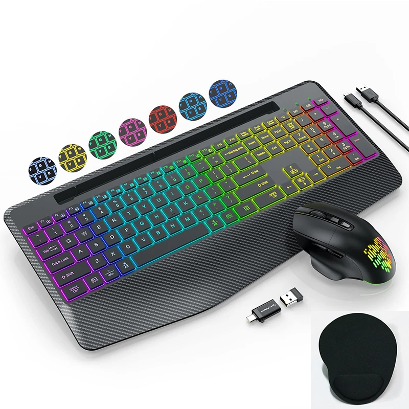 

Wireless Bluetooth keyboard and mouse 7-color backlight ergonomic light-emitting keyboard and mouse combination send mouse pad
