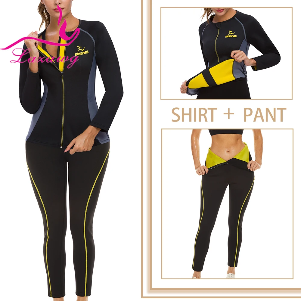 

LAZAWG Sweat Sauna Body Sculpting For Women Sport Set Gym Slimming Workout Neoprene Pant Weight Loss Zip Tops Body Shapers Suit