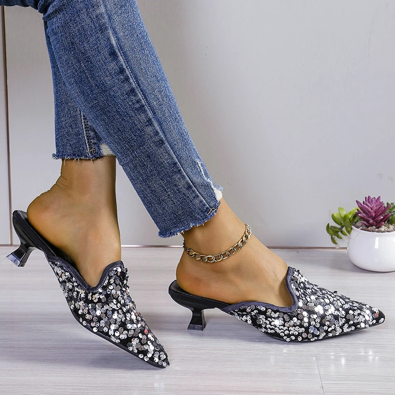 Женские летние шлепанцы заостренный носок блестки высокий каблук повседневные