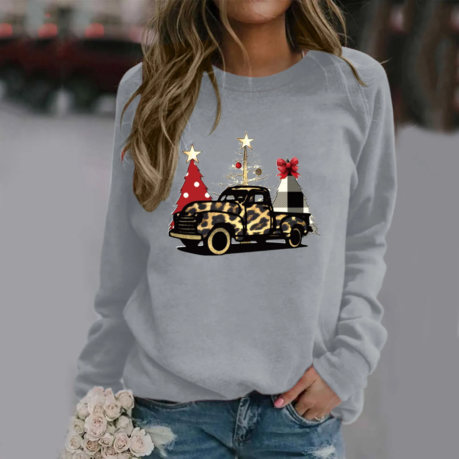 

Women's Fashion Top Shirts Print Long-sleeved Round-neck Warm Sweatshirt Casual Winter Blouse Pullover