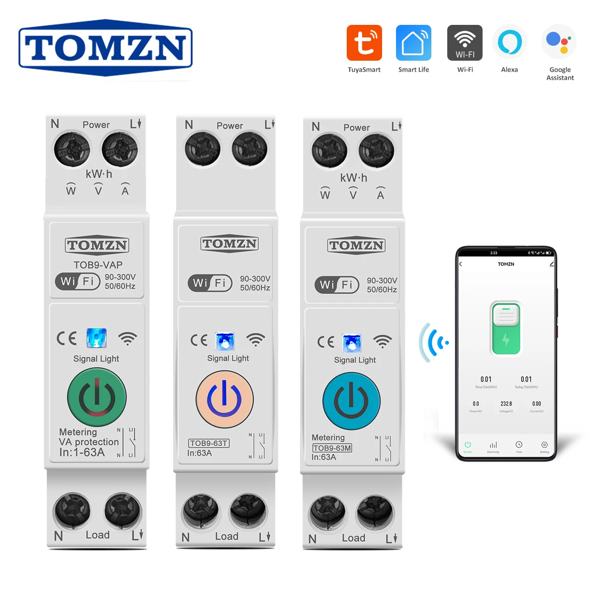 

TOMZN WiFi Умный автомат 63A 1P+N с датчиком потребления
