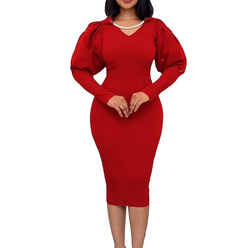 

Red Green Black Polyester African Dresses for Women Summer Autumn African Women Long Sleeve V-neck Knee-length Dress