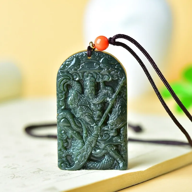 Отправить сертификат натуральный зеленый нефрит Guan Yu Кулон Ожерелье для мужчин и