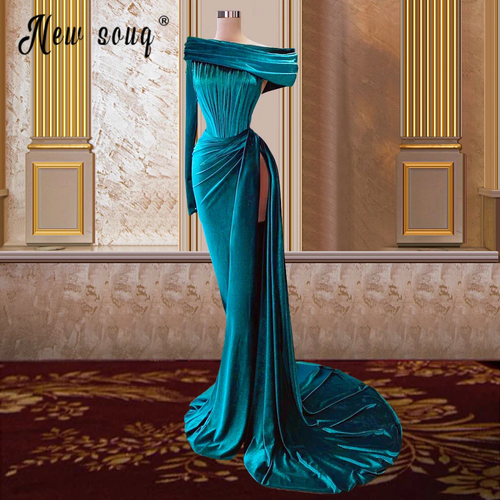 

Lake Blue Velvet Off Shoulder Evening Dress High Split Elegant Prom Gowns for Wedding Party Vestido De Novia Celebrity Dress