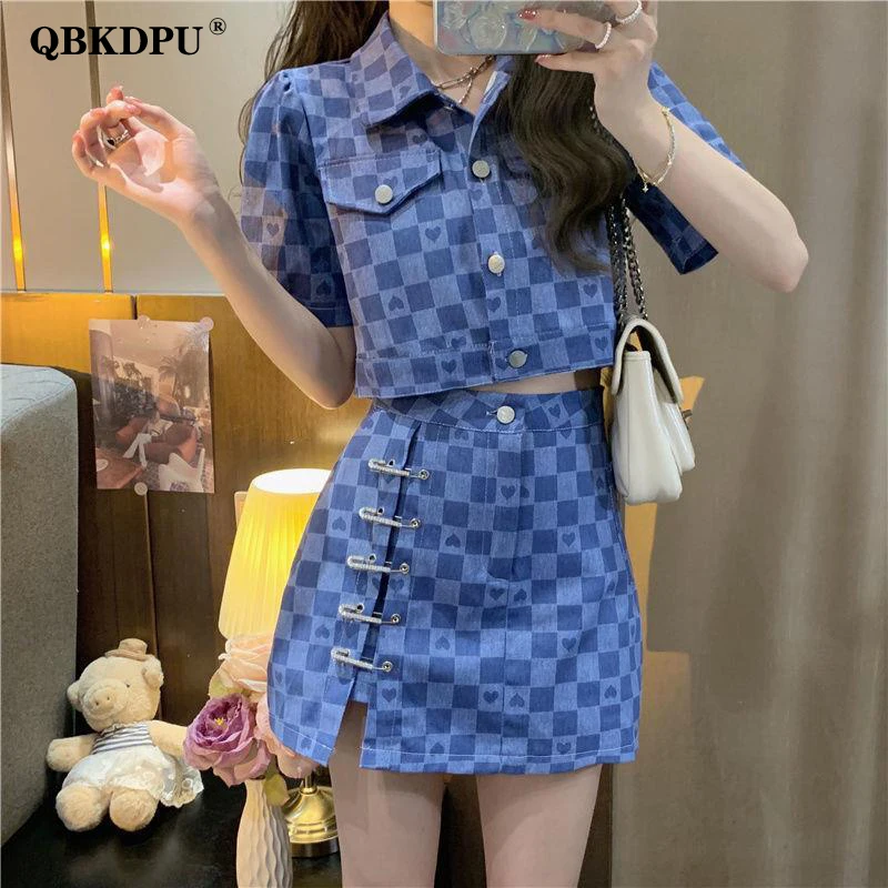 Summer Sexy Plaid Skirt Suit Women 2 Piece Set Korean Style Short Sleeve Cropped Jacket And Design Pin A-Line Mini Skirt Outfits