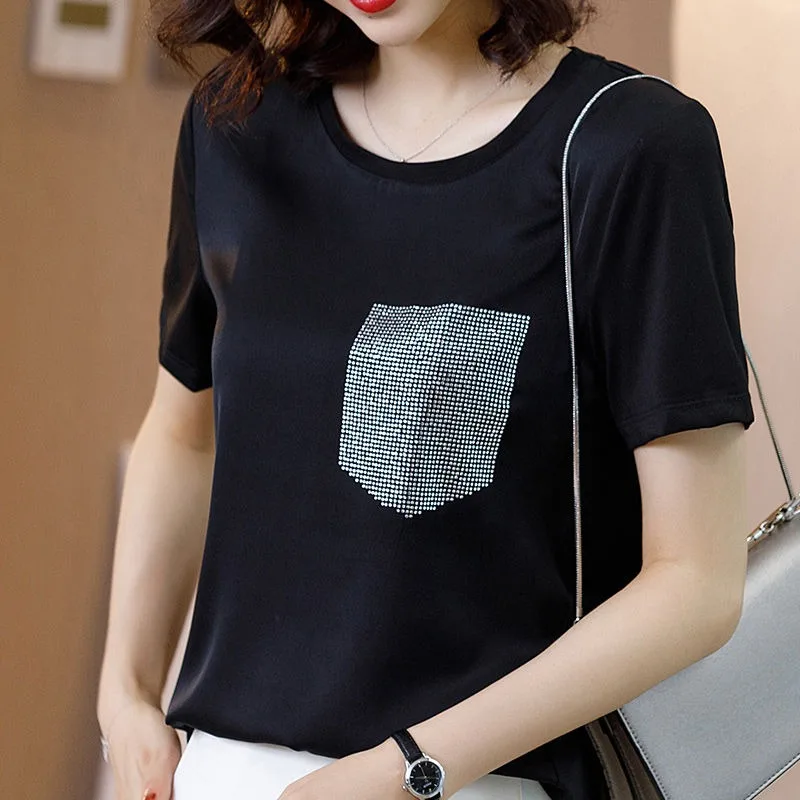 

Summer Cool Diamonds Pocket Ice Silk T-shirts for Women Vintage Satin Tops for Women Long Sleeves Loose Office Lady Shirts Y2K