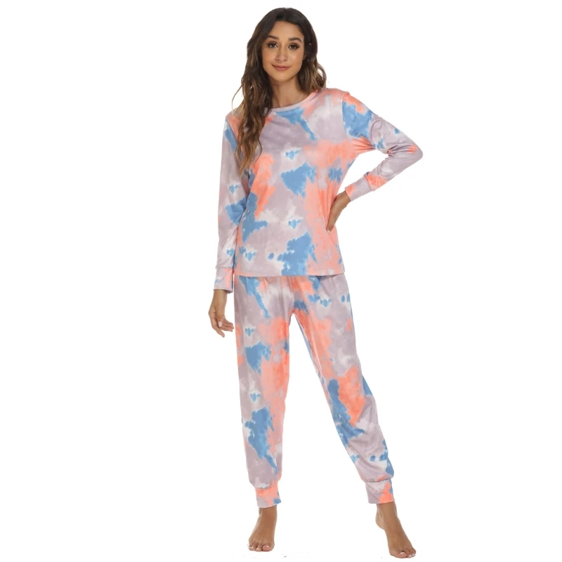 

Women Long Sleeve Crew Neck Shirts and Jogger Pants Set Soft Loungewear Pajamas 2 Piece Colorful Tie-Dye Print Sleepwear M6CD