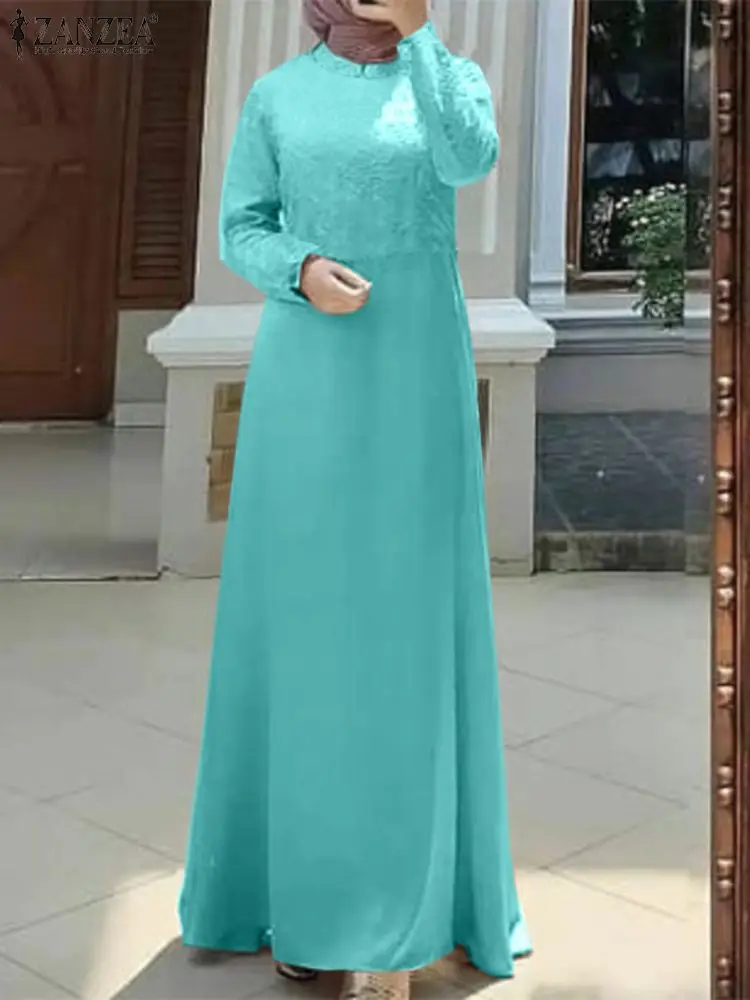 

2022 ZANZEA Spring Elegant Lace Patchwork Sundress Women Long Sleeve Dubai Turkey Abaya Hijab Dress Muslim Ramadan Long Vestidos