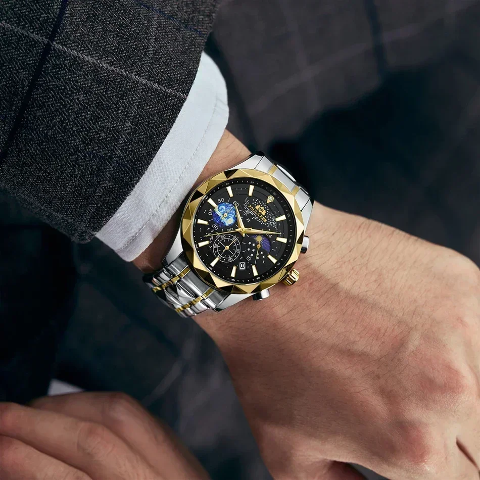 Светящийся хронограф золотой синий зеленый кварцевый Повседневный