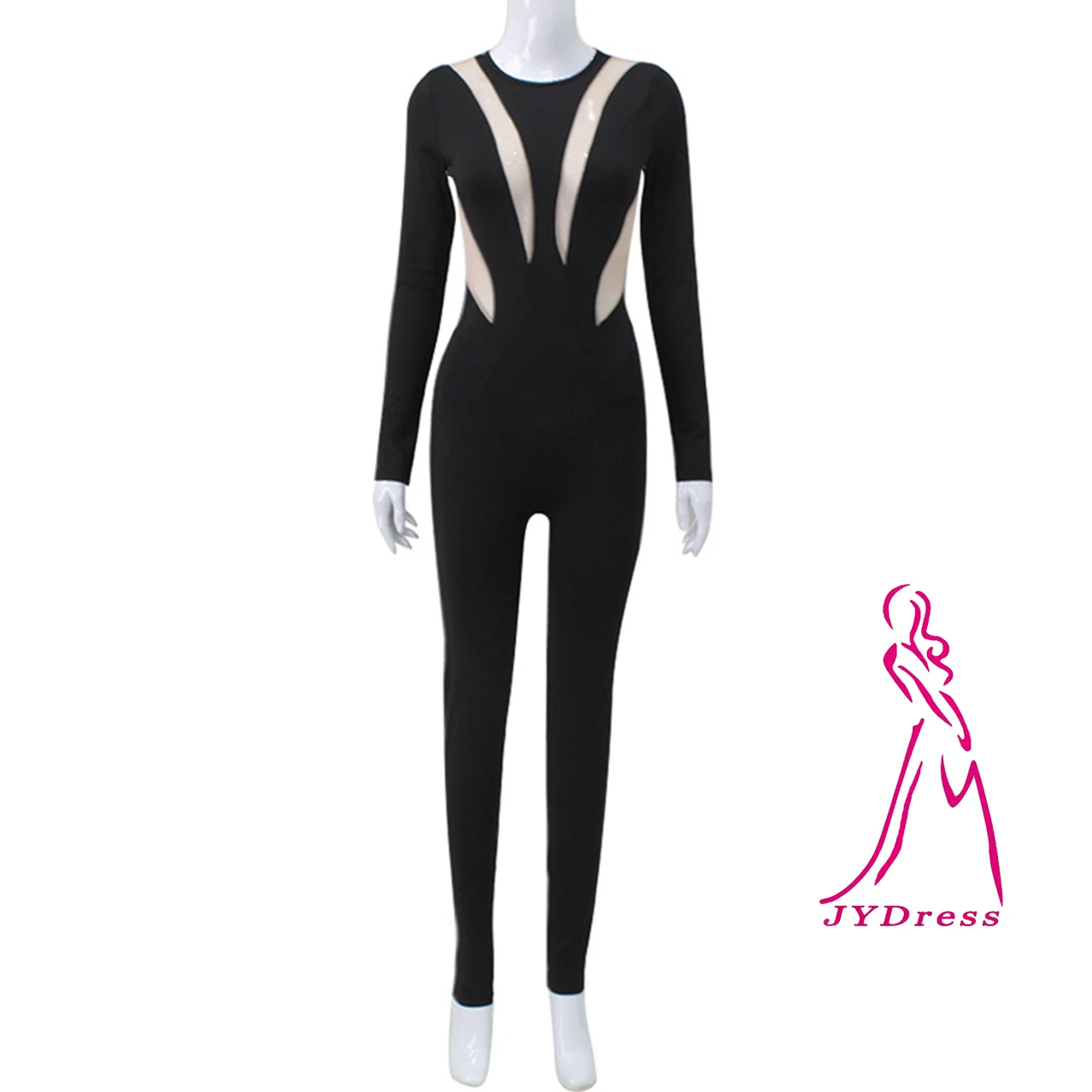 

JYDress Women's Explosive Round Neck Long Sleeve Stitching Color Matching Long Jumpsuit Tight Elastic Leotards