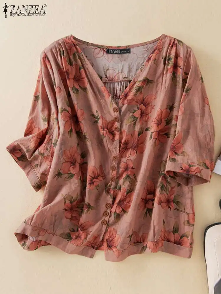 

ZANZEA Retro V-neck Blouse Loose Women Blusa Button Half Sleeve Shirt 2023 Summer Flower Print Vintage Holiday Casual Tops Tunic