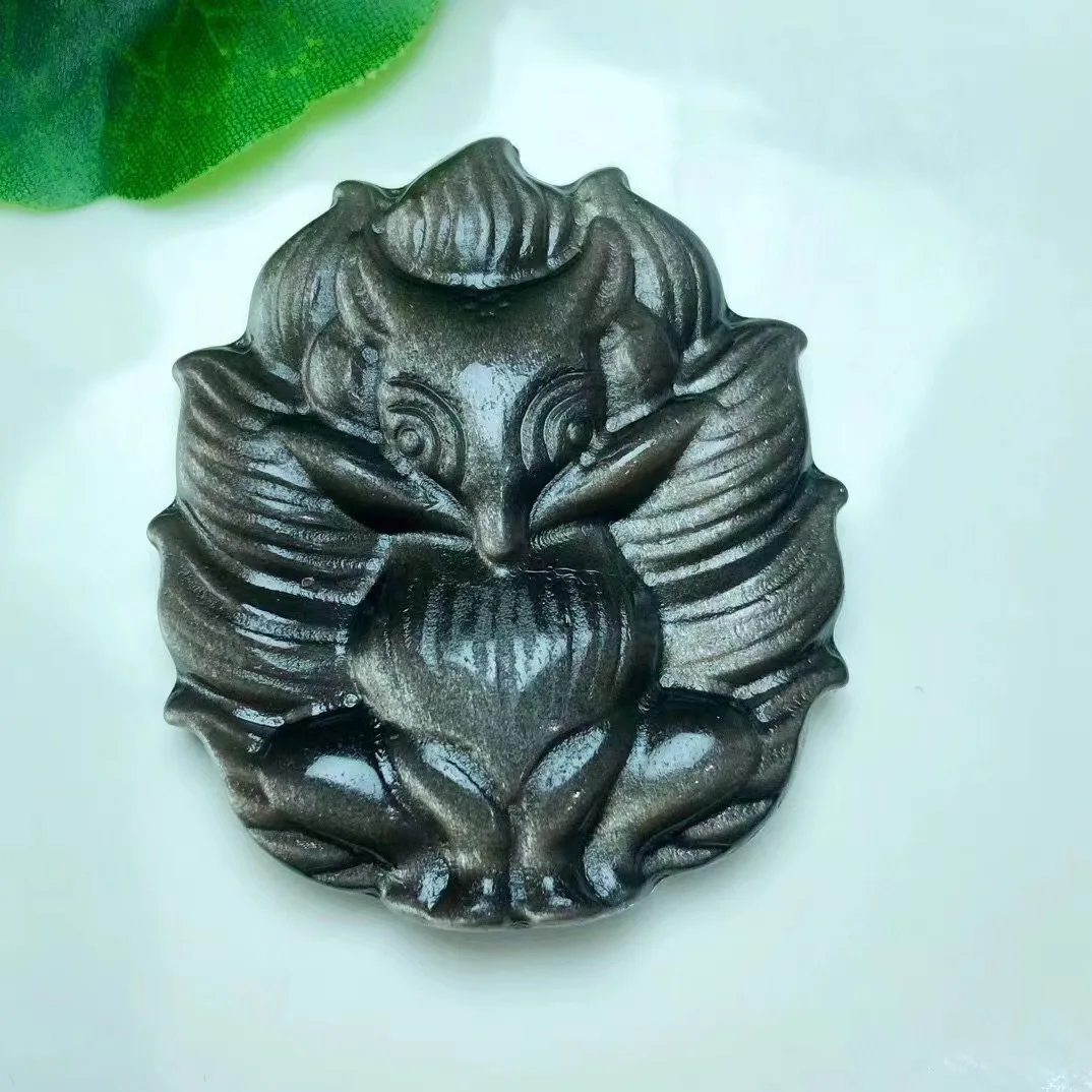 

45mm Creative Hand Carved Natural Silver Obsidian Crystal Healing NIne Tailed Fox Carving For Healing