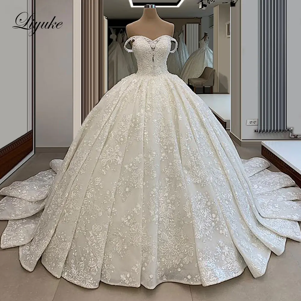 Liyuke requintado fora do ombro vestido de baile vestido de casamento com strass contas querida corset vestido de noiva