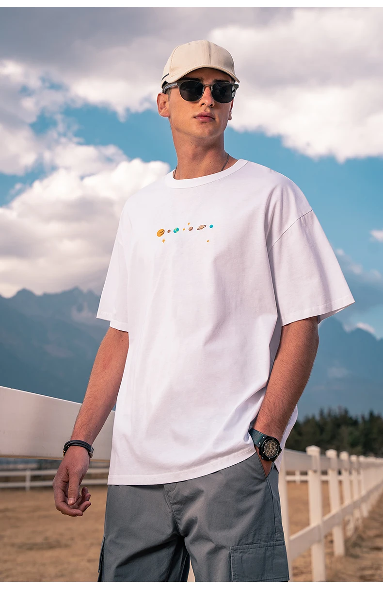 

7999 Summer trend new slippery pure cotton Universe planet men's short-sleeved T-shirt